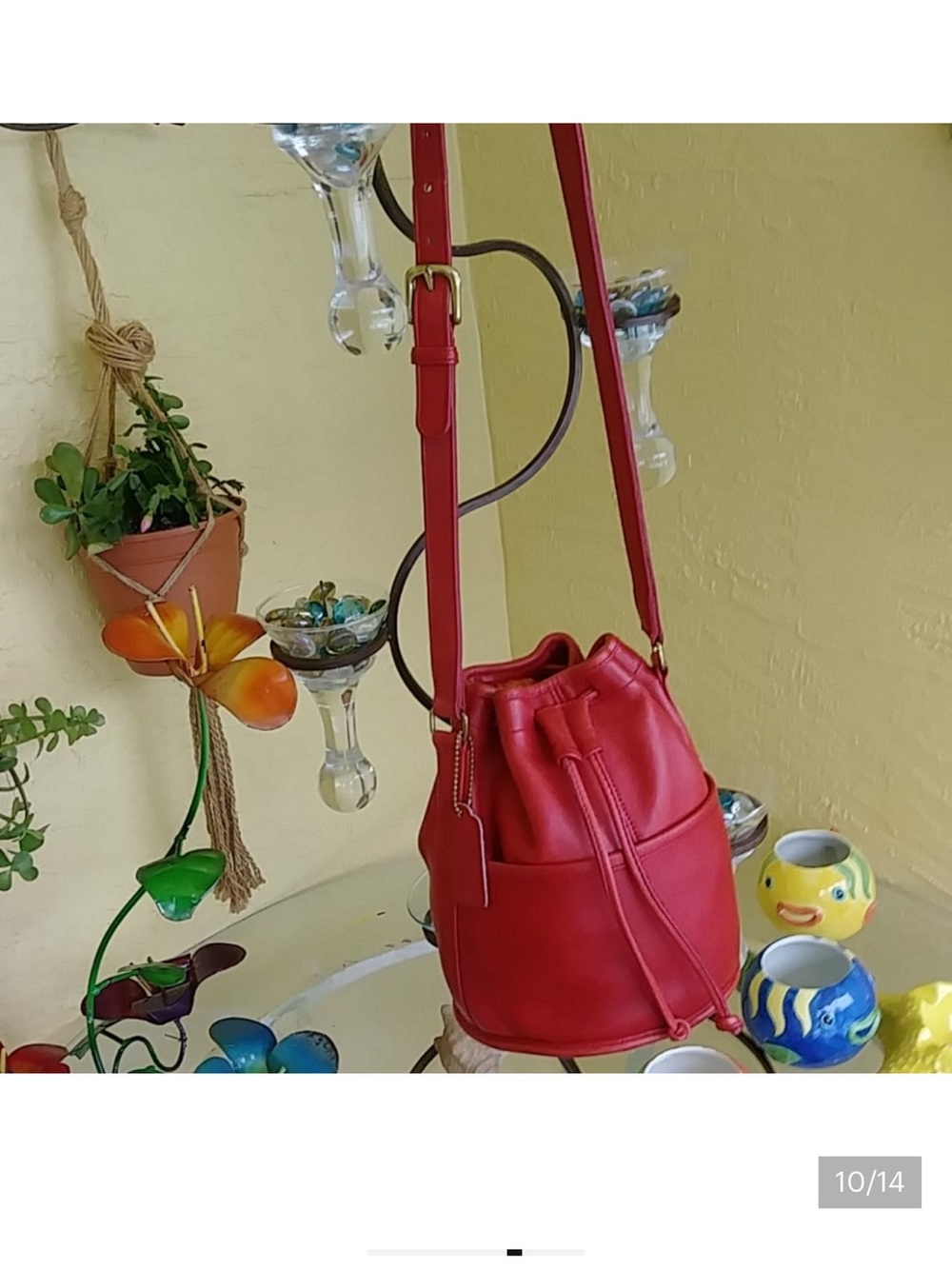 Coach Red Leather Drawstring Crossbody Bucket Bag - Picture 7 of 9